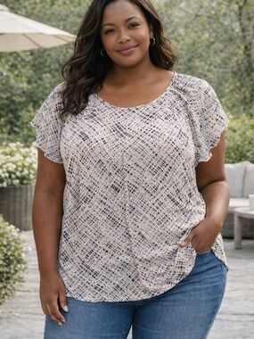 Classic Editions XXL Black White Abstract Print Blouse Short Sleeve Top